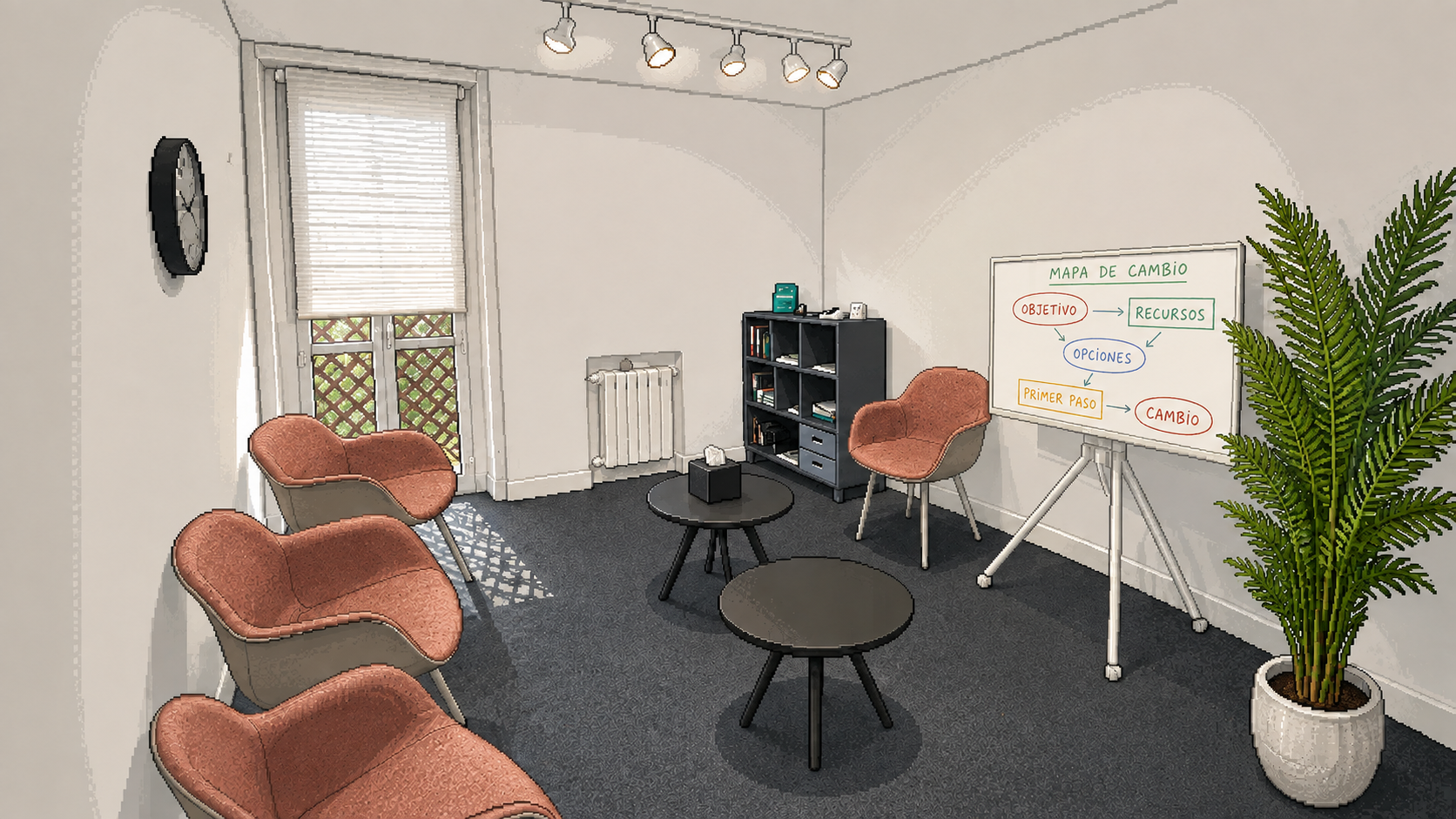 Sala de trabajo de Centro Elemental con un mapa terapéutico de colores en la pantalla