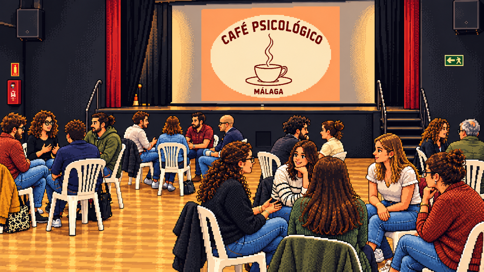 Recreación del Café Psicológico: participantes conversando en pequeños grupos en La Caja Blanca