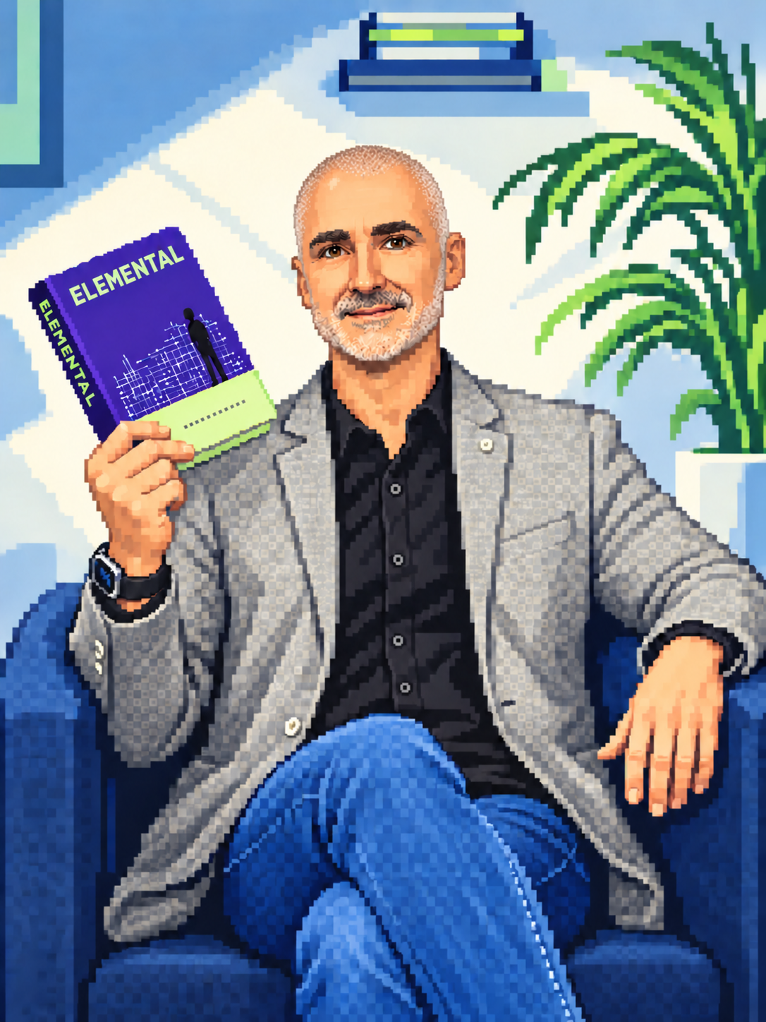 Alberto Moreno Gámez sosteniendo su libro Elemental en pixel art