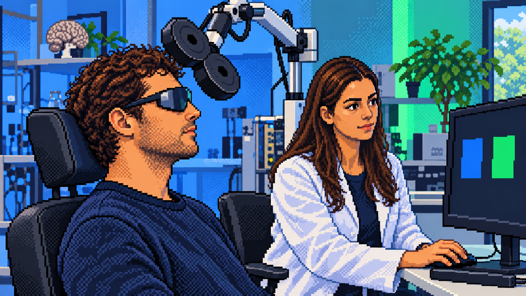 Ilustración de un laboratorio con gafas de luz y una tarea de memoria