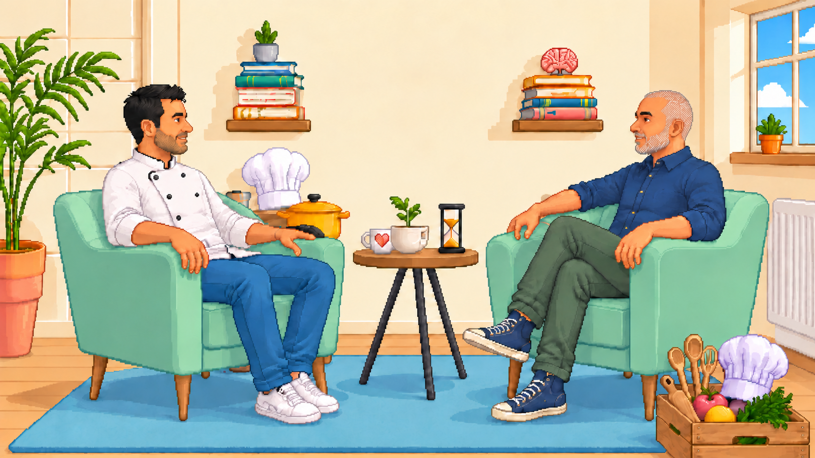 Luis Miguel Menor y Alberto Moreno conversando en pixel art