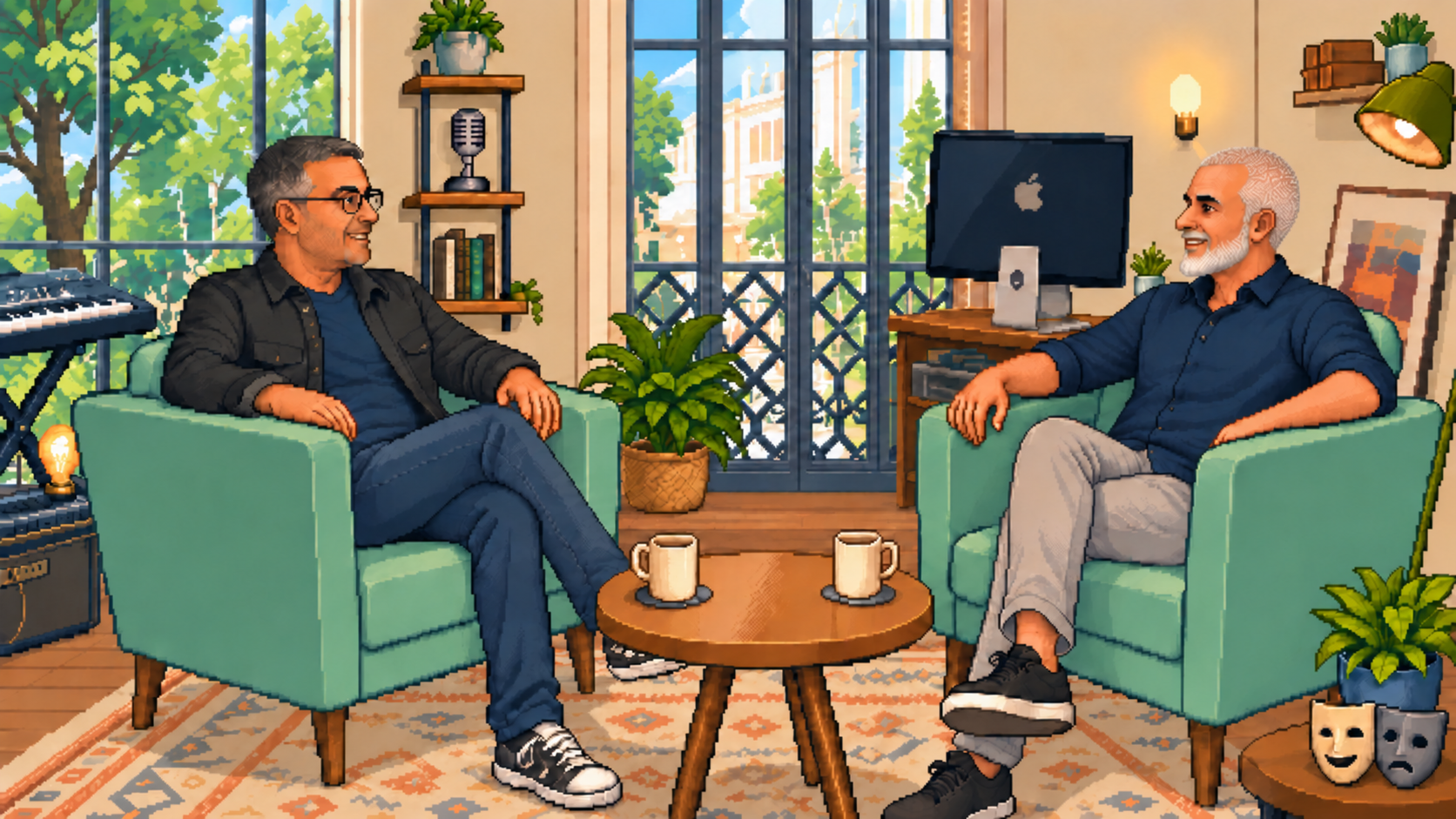 Lisardo Morán y Alberto Moreno conversando en pixel art
