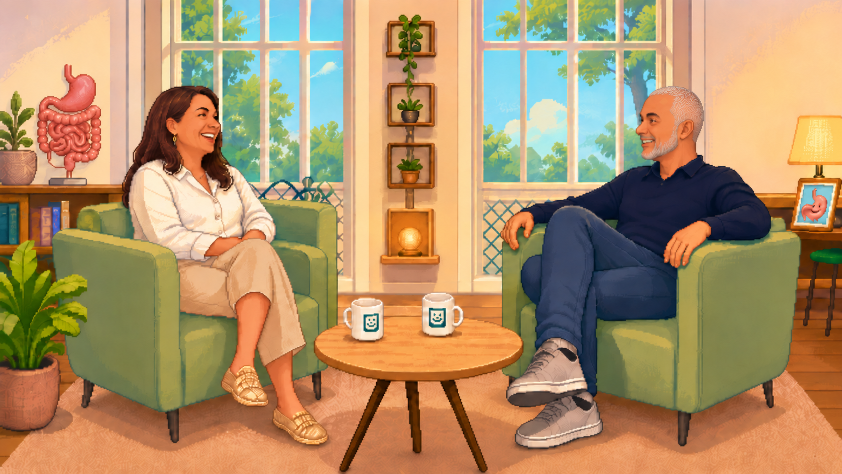 Marina Rodríguez Conesa y Alberto Moreno conversando en pixel art