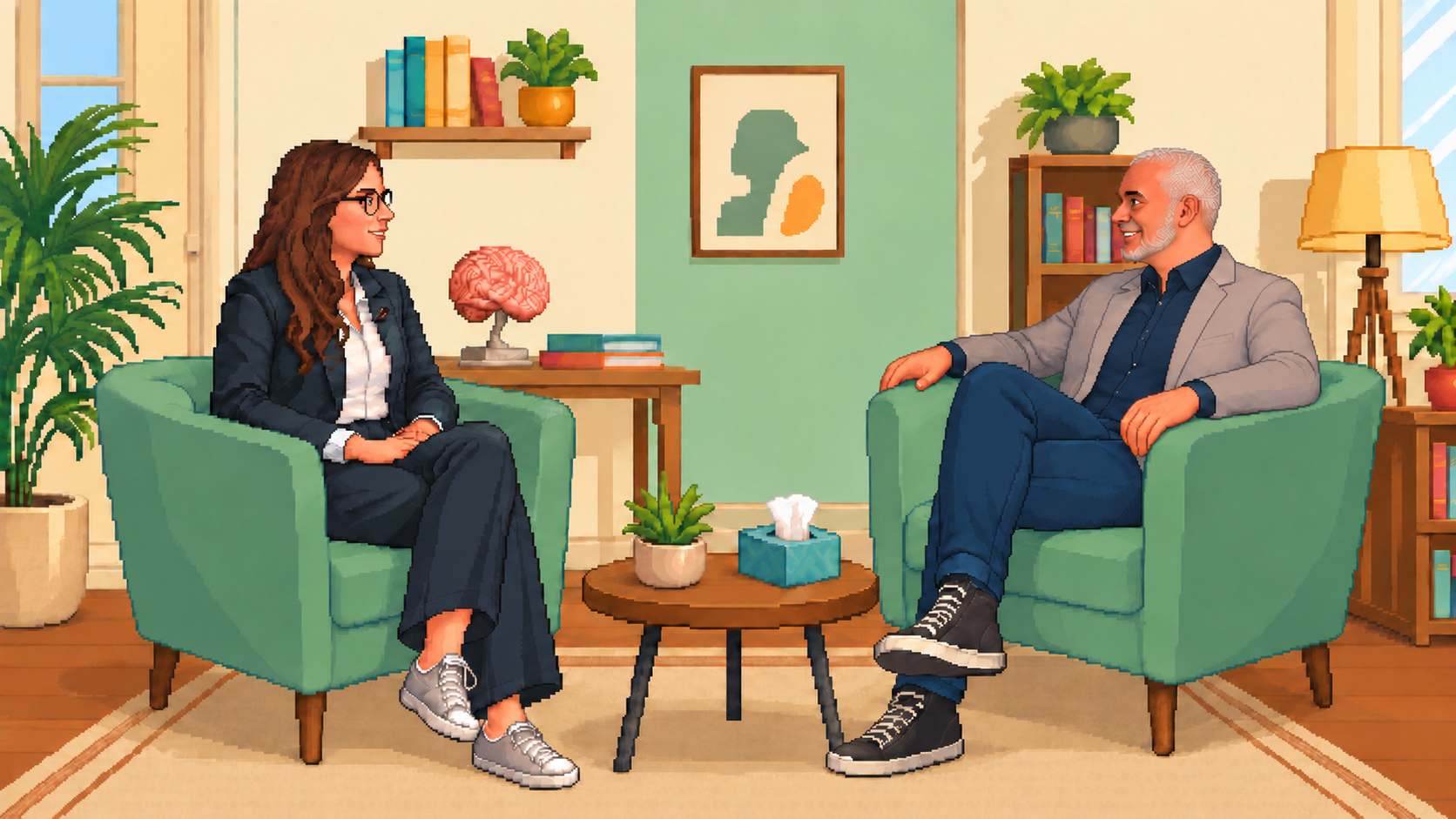 Mariela Checa y Alberto Moreno conversando en pixel art