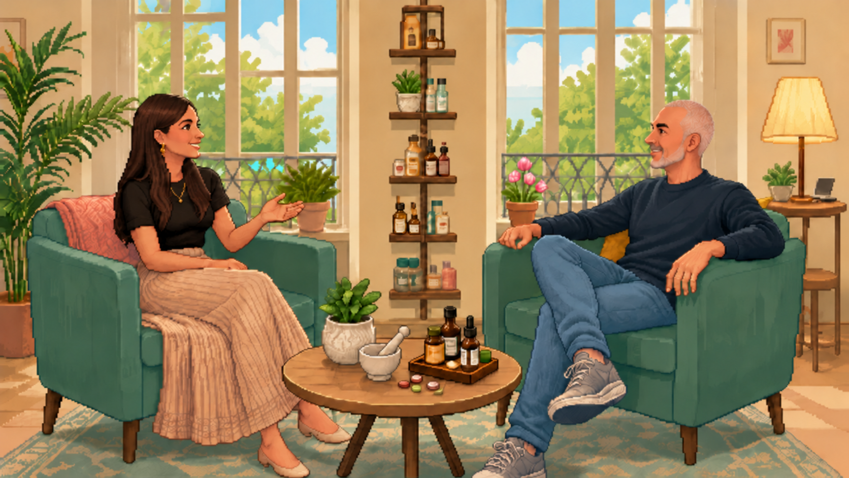 Mau Castillo Álvarez y Alberto Moreno conversando en pixel art