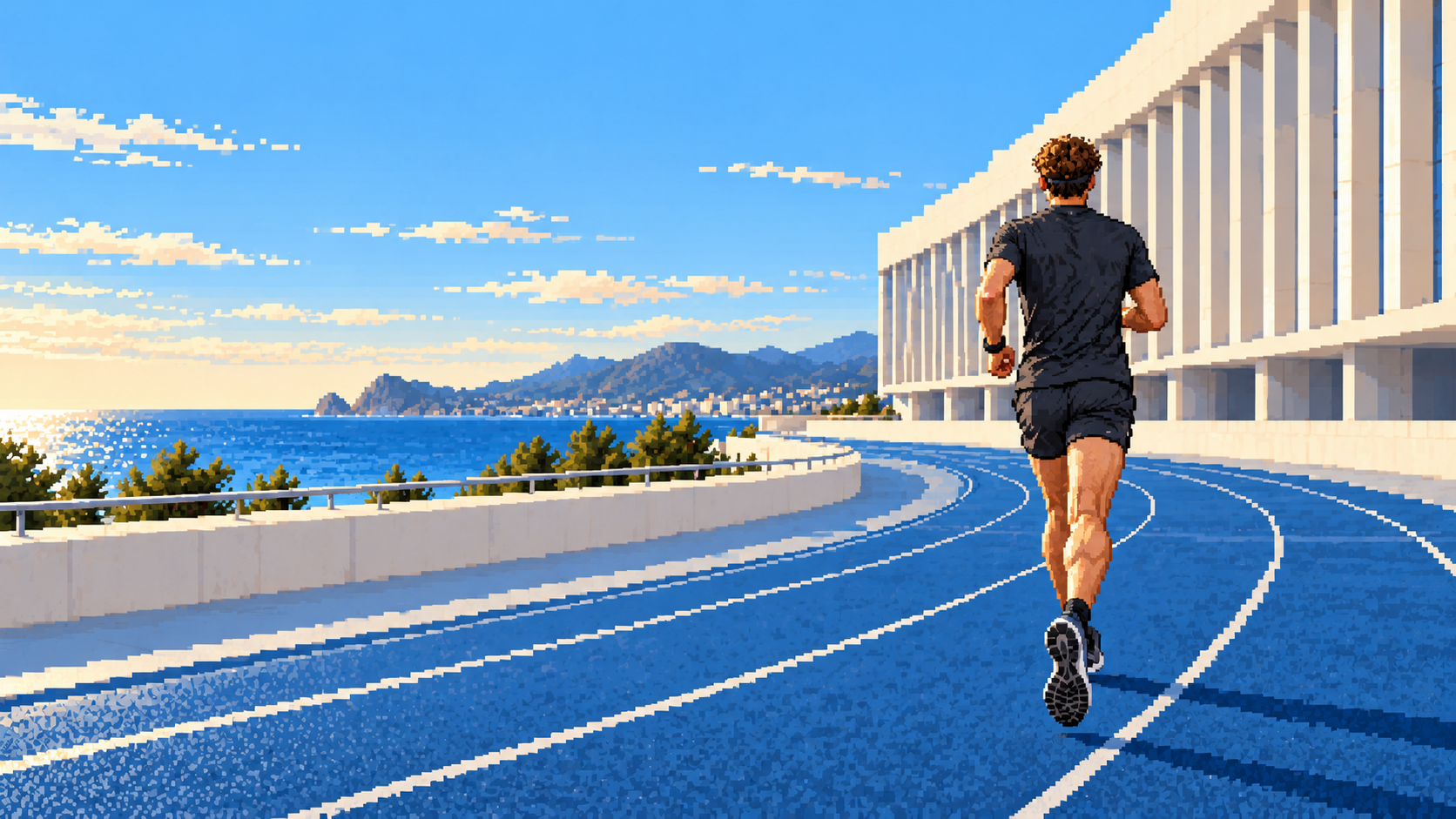 Corredor entrenando de espaldas en una pista junto al mar