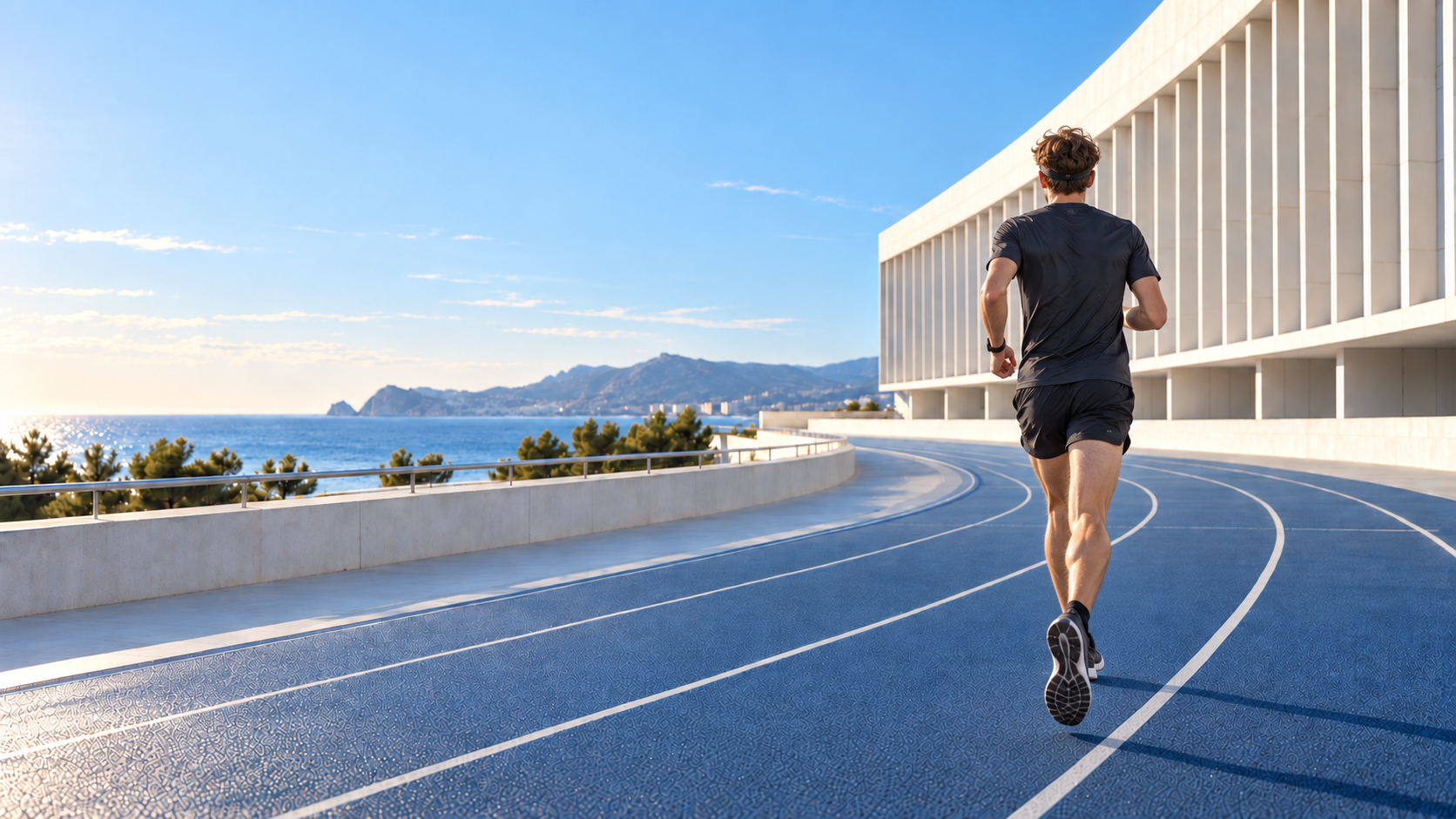 Un corredor entrena de espaldas en una pista junto al mar y arquitectura contemporánea