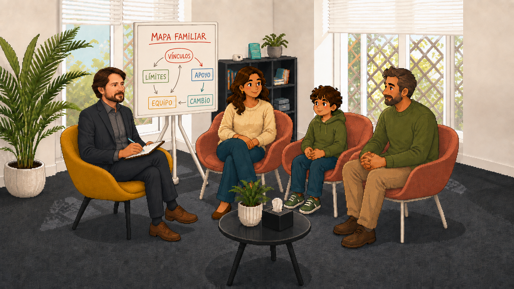 Mark Mesa Oostlander conversa con una familia con la pantalla terapéutica junto a él