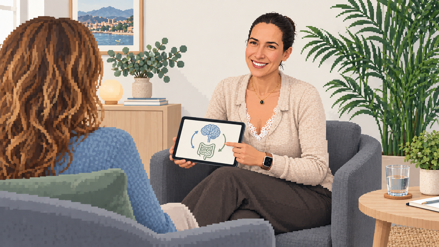 Recreación ilustrativa de Marina conversando en consulta sobre la conexión entre cuerpo y mente
